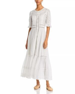 LoveShackFancy Women White Cotton Lace Trim Jovina Bohemian Maxi Dress Size US 2
